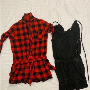 Red and Black Plaid Shirt Dress with Black Romper